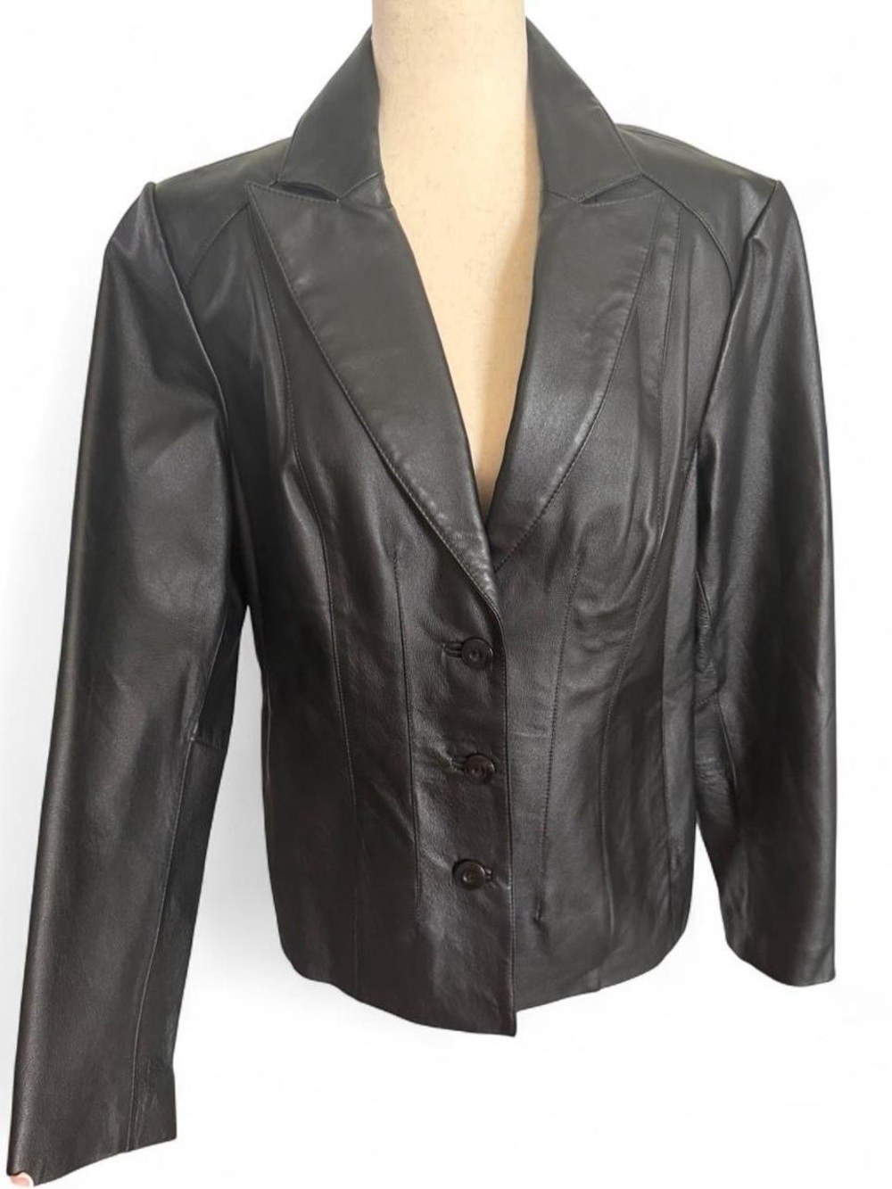 Vintage 90s Y2K Black Genuine Leather Blazer Jacket Large Minimalist Tailored
